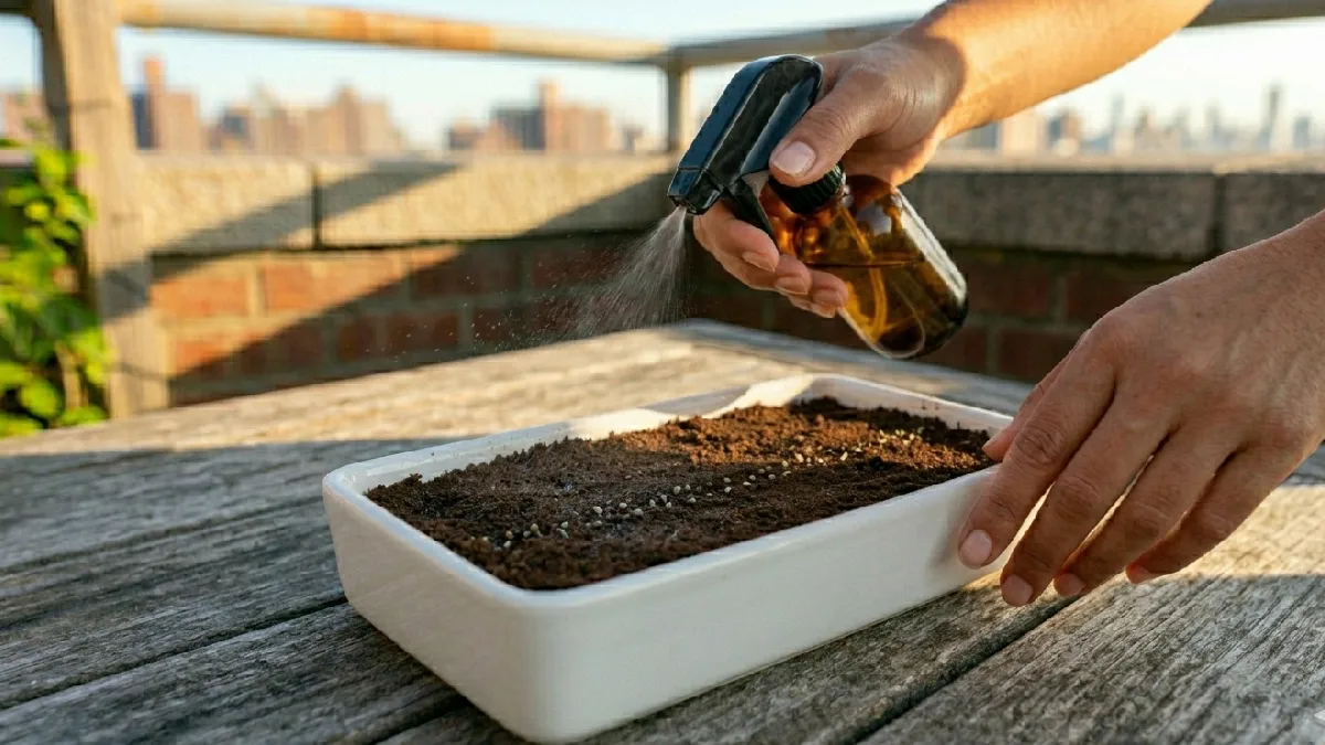 Mist water gently, never pour directly, keep soil damp not soggy. Morning watering works best, check moisture with fingers daily, rain helps but watch for overwatering outdoors. 