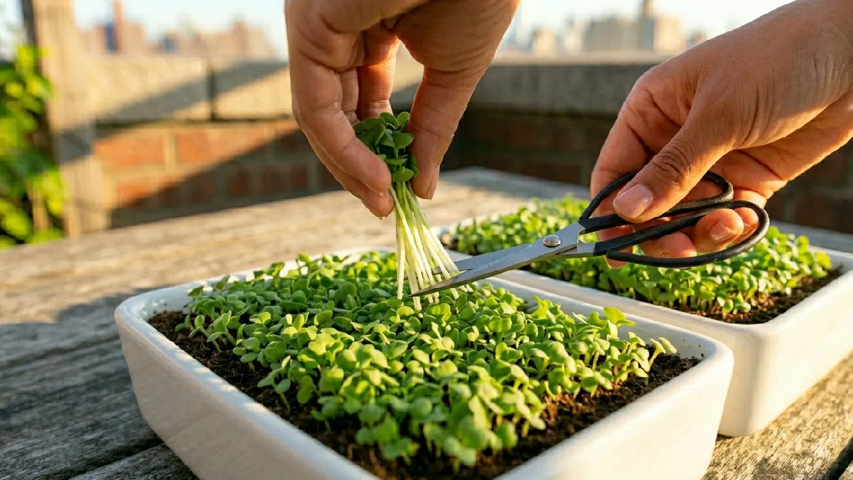Harvest when leaves are fully green and stems feel firm, ready in 7 to 14 days. Cut above soil in morning, taste strong, reward feels satisfying after outdoor growth. 