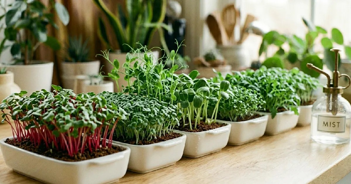 Easiest microgreens to grow at home: radish, broccoli, pea shoots, sunflower, mustard, arugula, and basil. Tiny effort, big reward, fresh flavor, kitchen feels alive.