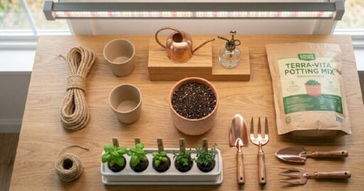 Essential indoor gardening supplies including pots, soil, watering can, and grow light arranged neatly on a wooden table.