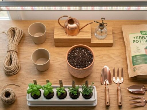 Essential indoor gardening supplies including pots, soil, watering can, and grow light arranged neatly on a wooden table.