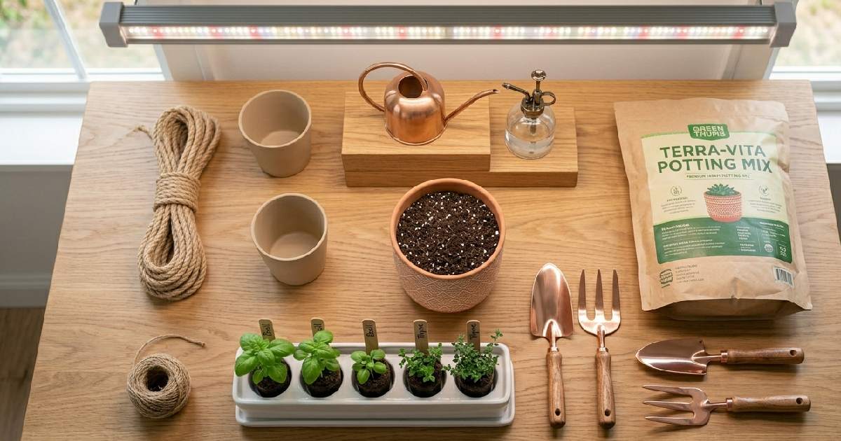 Essential indoor gardening supplies including pots, soil, watering can, and grow light arranged neatly on a wooden table.