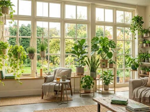 A modern home interior showcasing thriving indoor gardens with herb shelves, hanging planters, and potted greens near bright windows.
