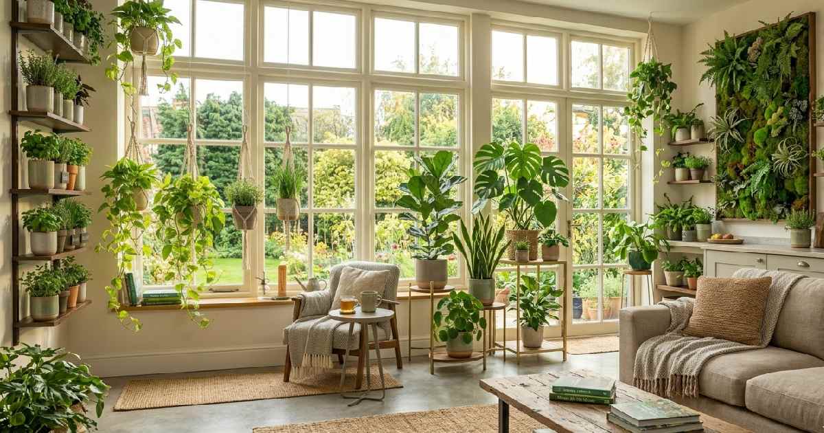 A modern home interior showcasing thriving indoor gardens with herb shelves, hanging planters, and potted greens near bright windows.