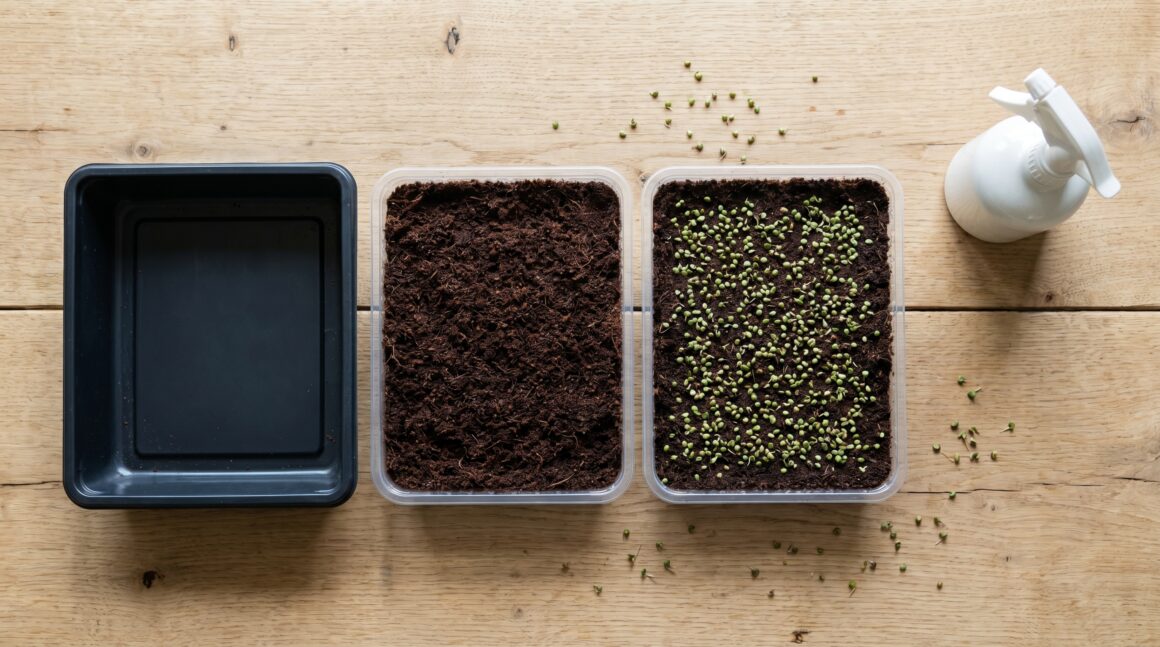 Microgreen containers being set up with trays, soil, seeds, and a spray bottle in natural light. 