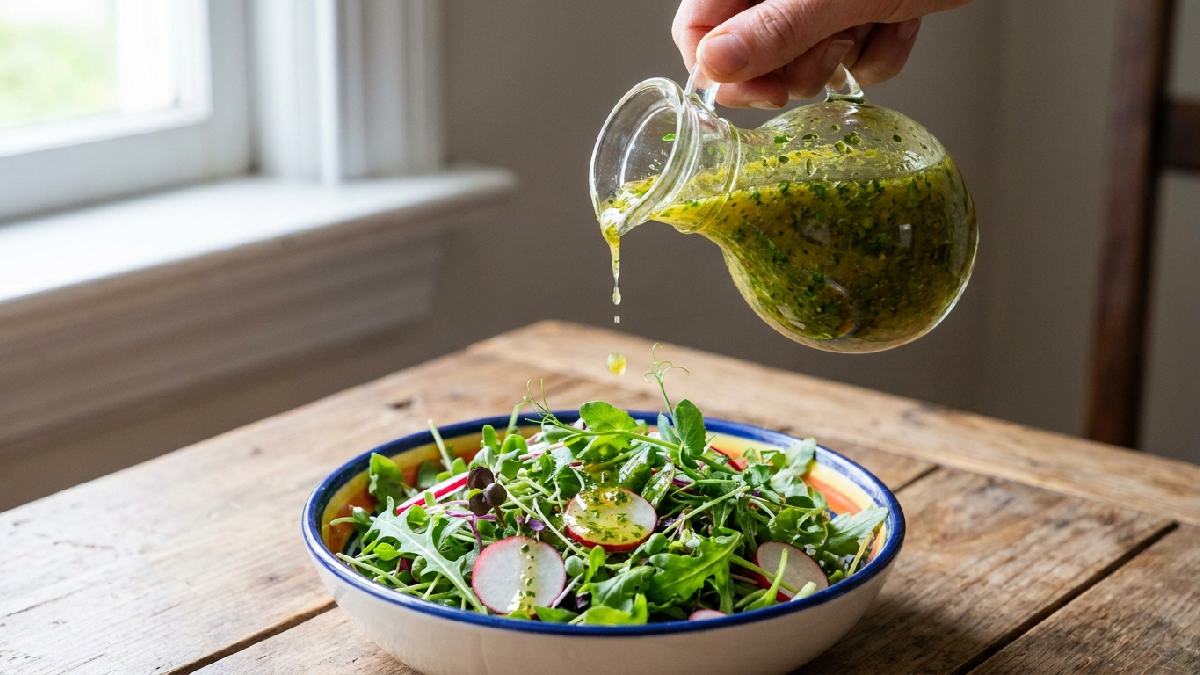 “Adding dressing to salad before serving.”