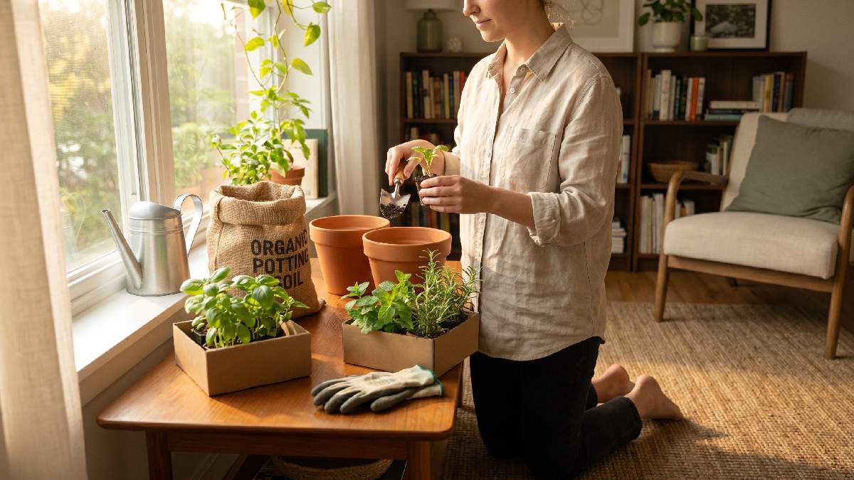 A beginner setting up a simple apartment garden with small pots, soil, and herb seedlings near a bright window showing practical starter gardening tips. 