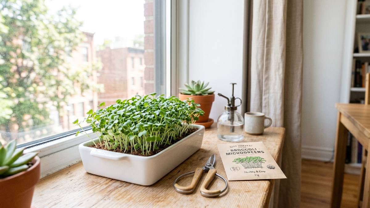 A small broccoli microgreen tray near a bright window with fresh green shoots and a seed packet showing easy beginner friendly cost effective home growing.