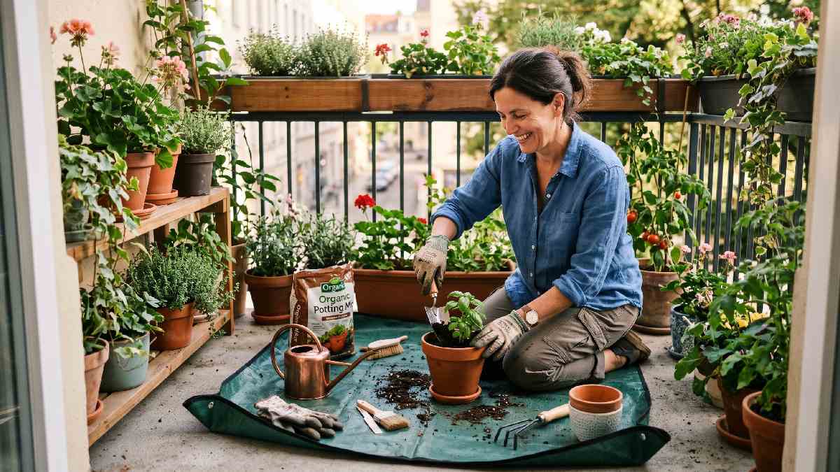 A happy home gardener using a gardening mat on a balcony proving its worth by reducing mess and protecting surfaces during daily plant care. 