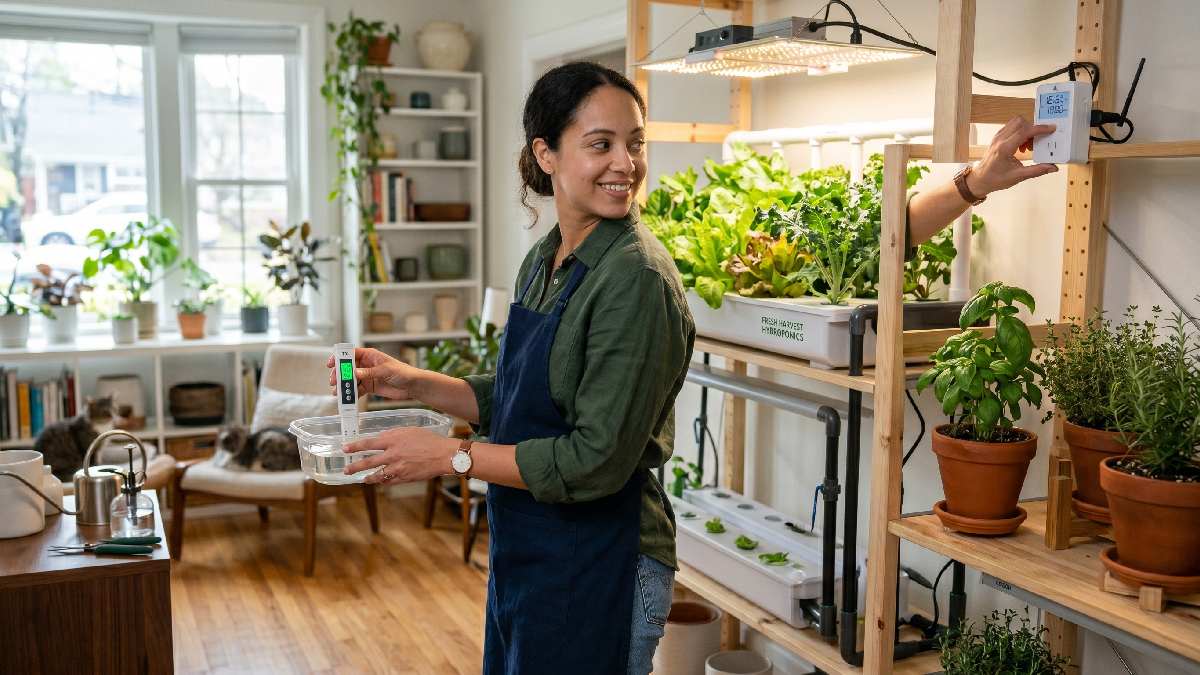 A person checking water levels, cleaning soil pots, and adjusting grow light timer showing different indoor gardening system maintenance levels at home. 