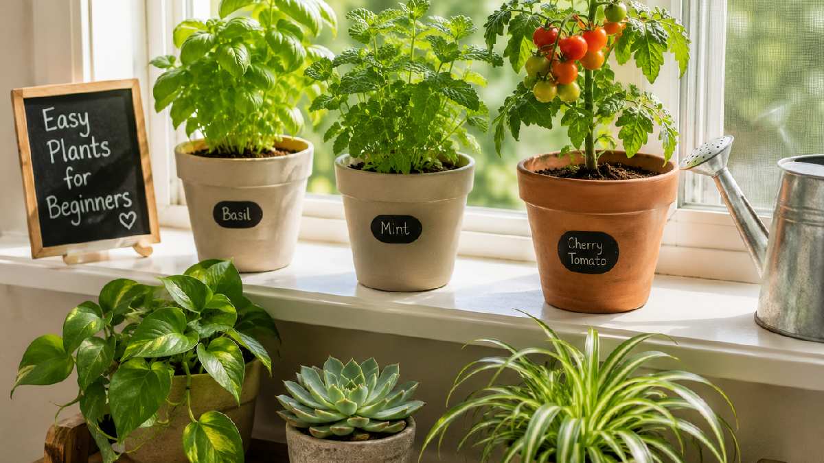 Beginner friendly plants including basil, mint, cherry tomatoes, and succulents on a bright windowsill showing easy low maintenance options for new gardeners at home. 
