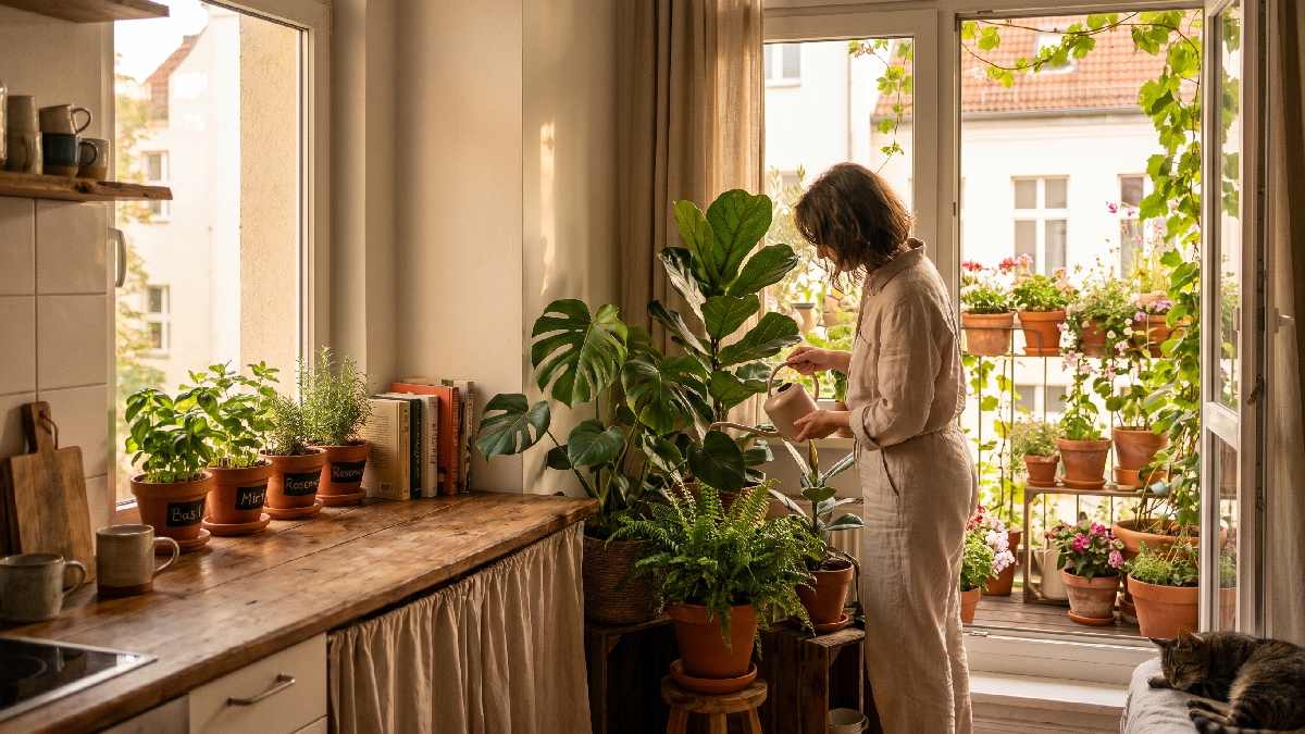 A person on a small apartment balcony with a few green pots and kitchen herbs showing simple real benefits of apartment gardening in city spaces. 