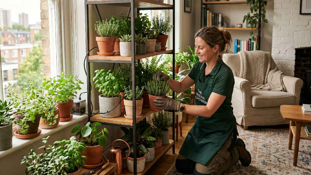 A professional gardening service expert arranging plants and herbs in a small city apartment showing organized stress free benefits of hiring gardening help. 