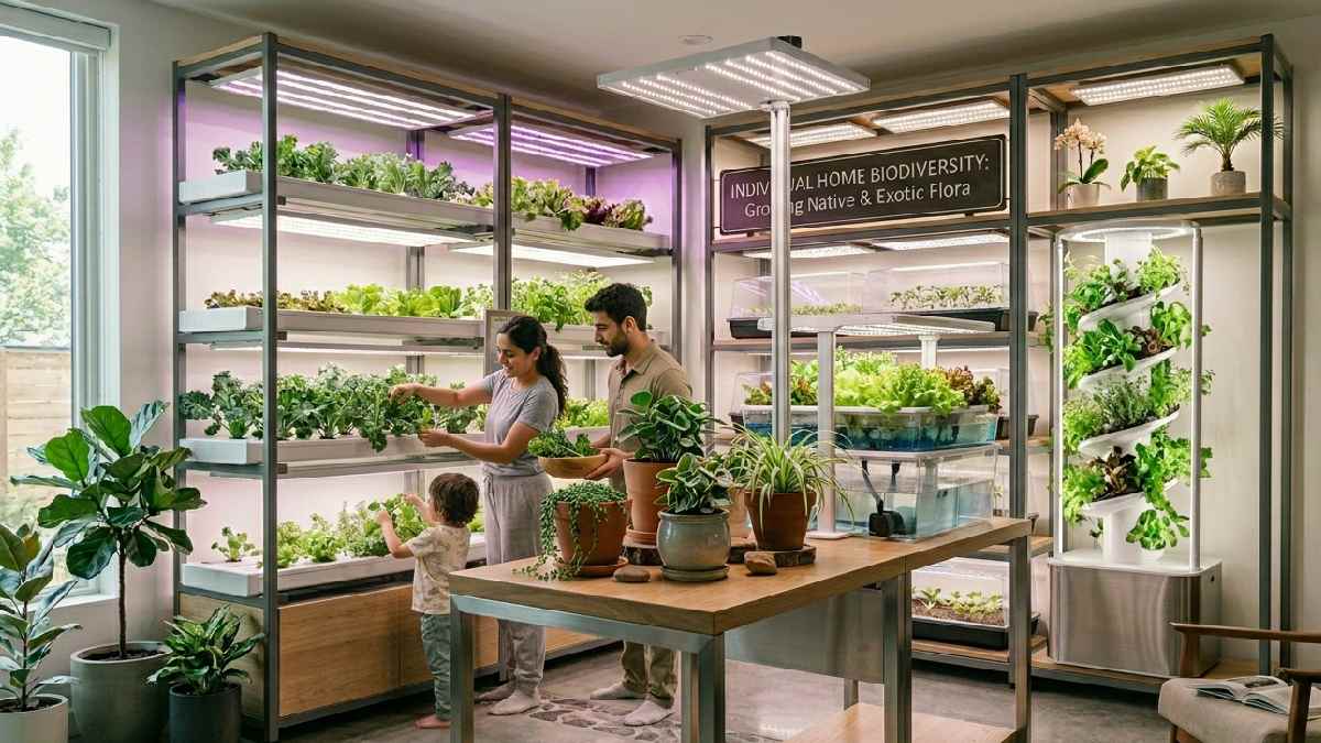 A person harvesting fresh herbs from a thriving indoor gardening system under LED lights showing healthy clean and sustainable home food growing. 