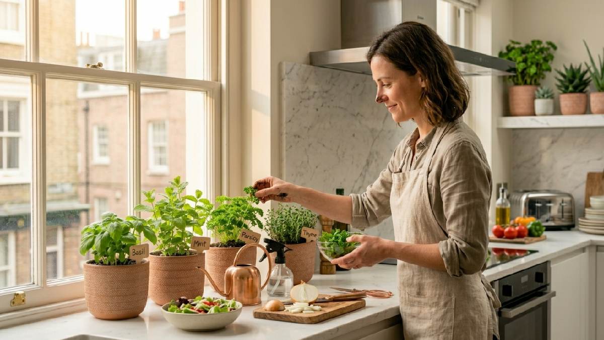Fresh herb pots on a bright kitchen counter with a person picking leaves showing the practical daily benefits of indoor herb gardening. 