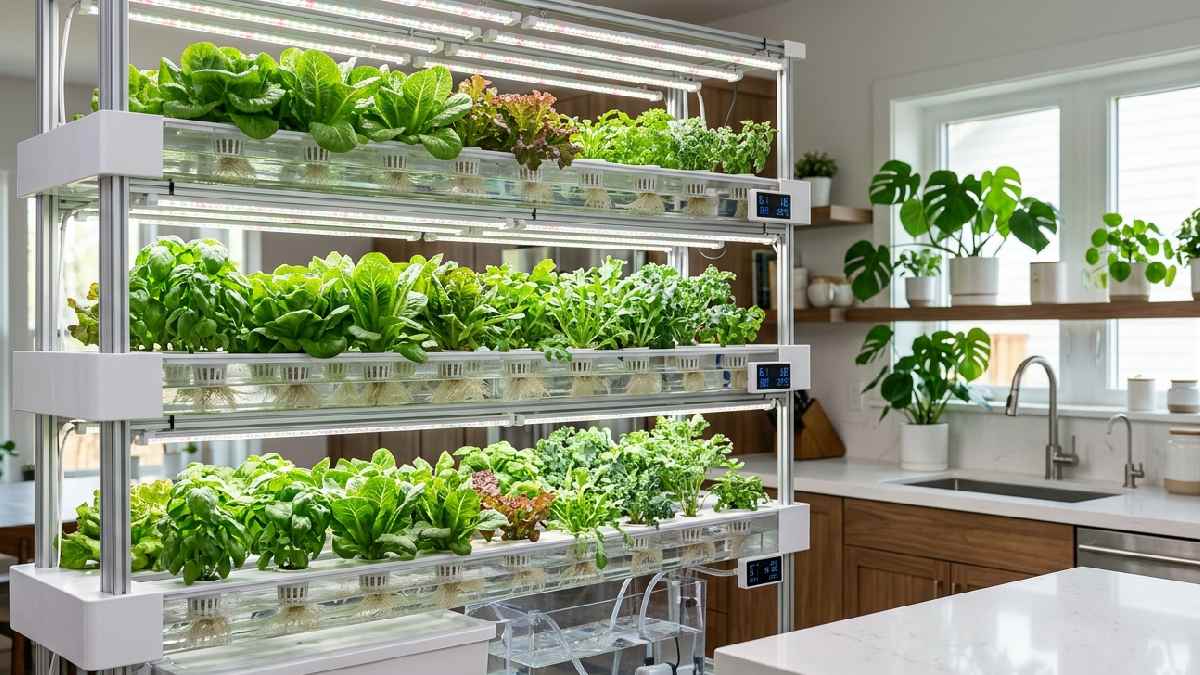 A thriving indoor hydroponic gardening setup with lush green plants in water channels under LED grow lights showing smart efficient results. 