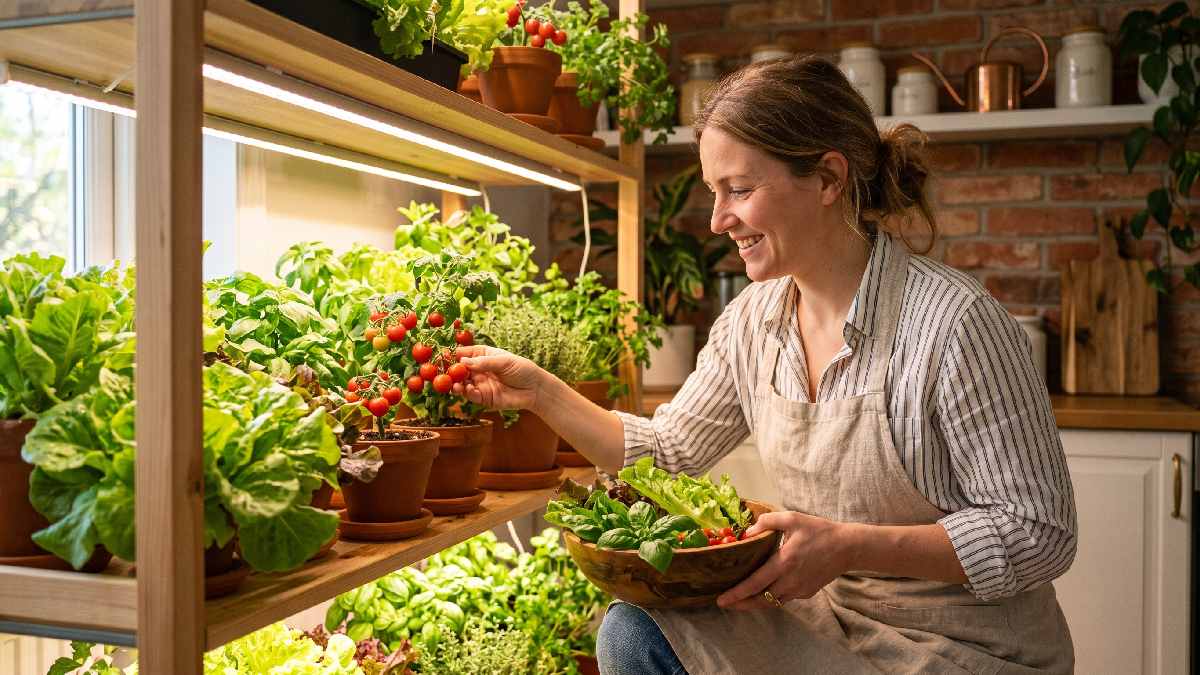 A person harvesting fresh lettuce and tomatoes from an indoor vegetable gardening shelf setup showing the rewarding benefits of growing food at home. 