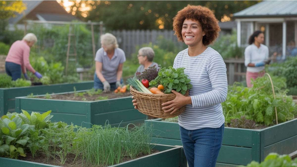 A person harvesting fresh vegetables from a local community garden with neighbors gardening together showing health lifestyle and community benefits of local gardening. 