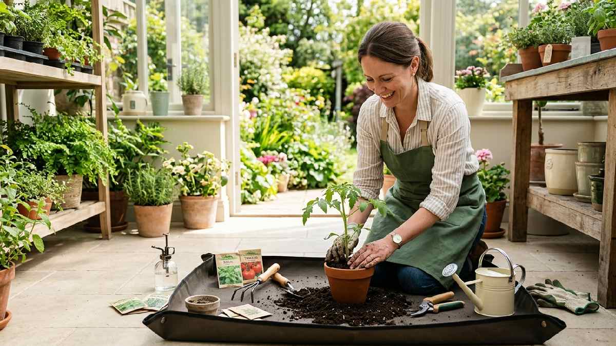 A gardener enjoying the benefits of a gardening mat keeping soil controlled and workspace clean during indoor and outdoor plant care routines. 