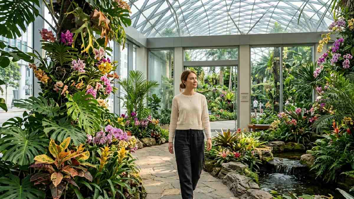 A calm person walking through a lush indoor botanical garden with tropical plants and soft natural light showing a peaceful stress free escape. 