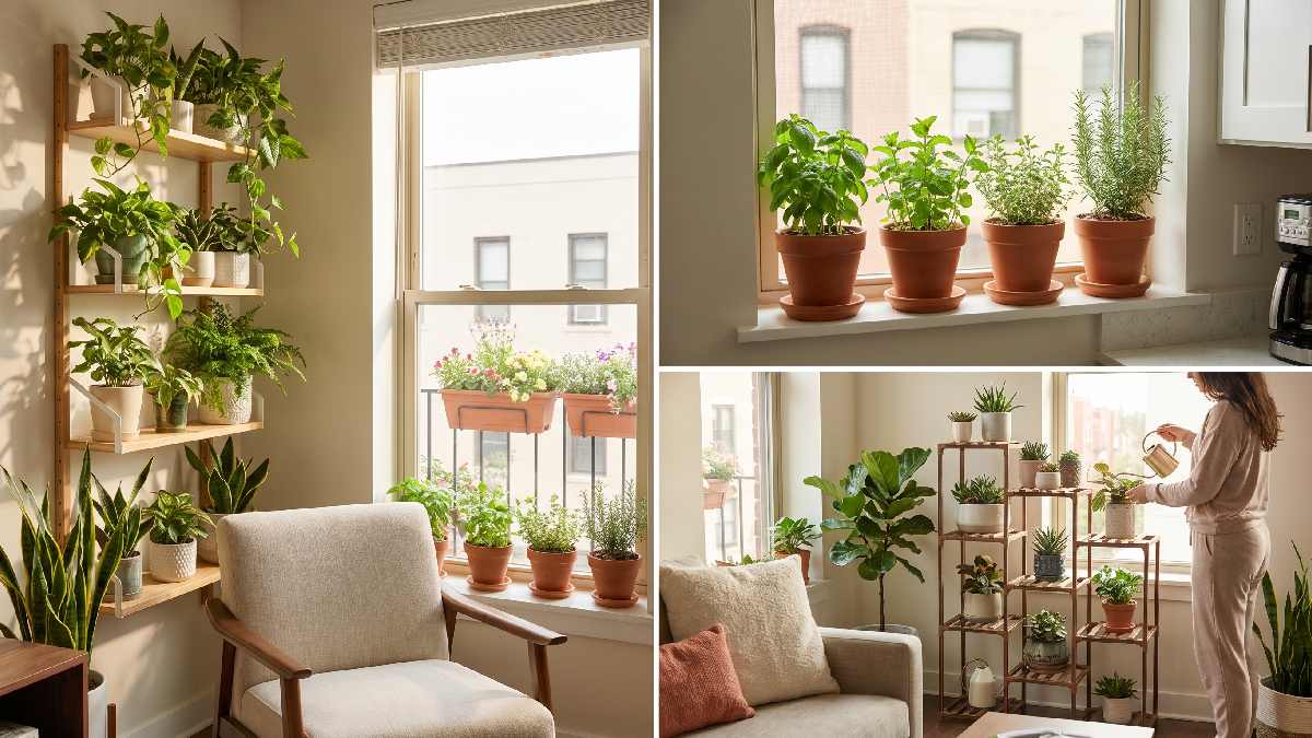 A small apartment showing multiple gardening methods including vertical shelves, balcony pots, and windowsill herbs for smart space saving home gardening. 