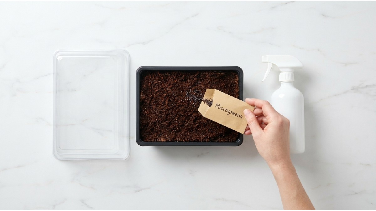 A beginner-friendly microgreen setup with a simple tray, soil, seeds, and spray bottle on a clean surface. 
