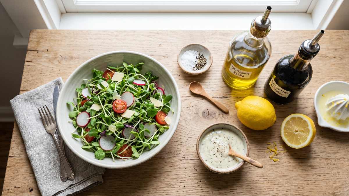 Simple dressing ingredients including olive oil, lemon, and balsamic vinegar beside a fresh microgreen salad bowl showing light natural flavor options.