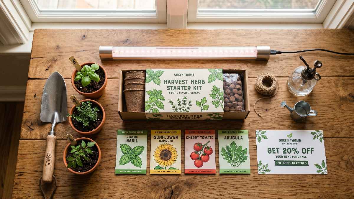 Best gardening products including seeds, tools, indoor kit, and grow light arranged with a voucher card showing practical items to buy with gardening discount codes. 