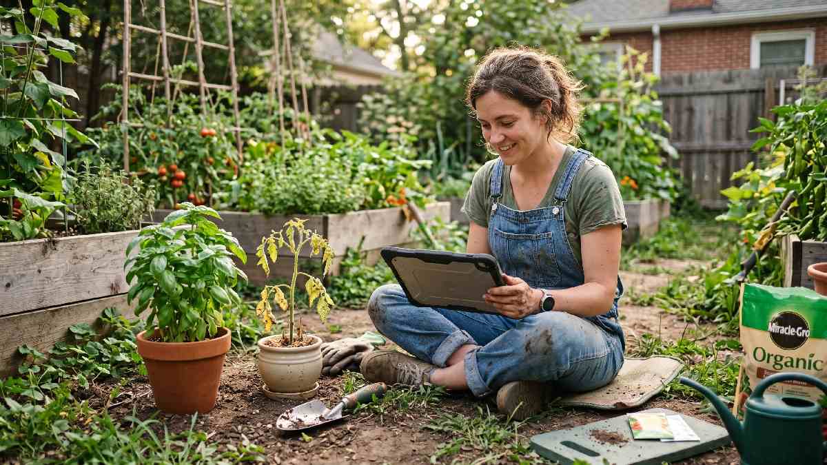 A beginner gardener learning practical plant care tips by watching beginner gardening shows on a tablet in a real home garden setting.