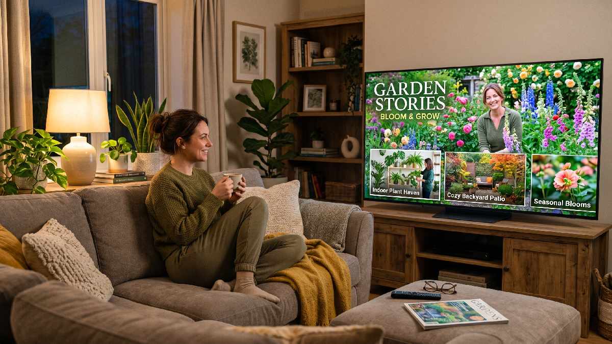A person watching the best gardening shows in 2026 on television feeling relaxed and inspired by creative outdoor and indoor garden ideas.