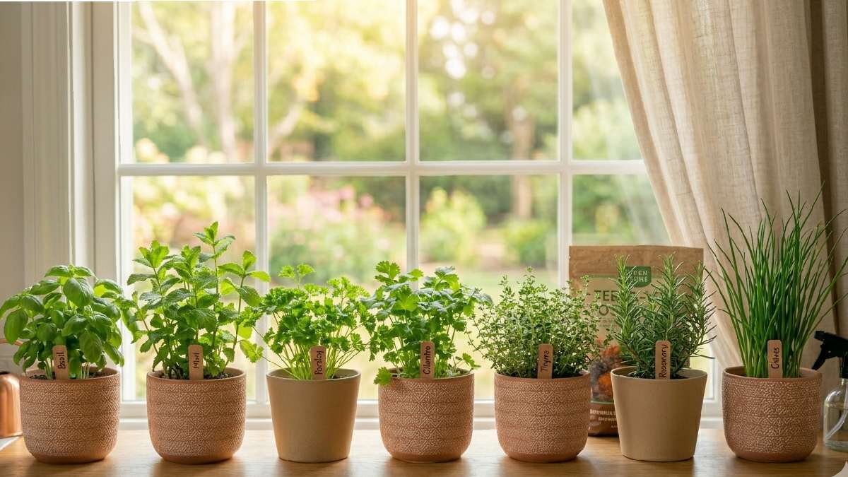 Small labeled herb pots including basil, mint, parsley, and rosemary on a bright kitchen windowsill for easy beginner indoor gardening. 