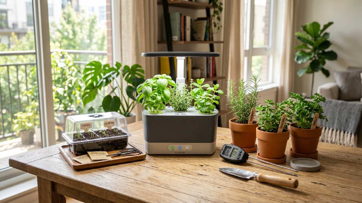An indoor gardening gift set for men with herb kit, LED grow light, decorative pots, and moisture meter showing practical organized home plant care presents.