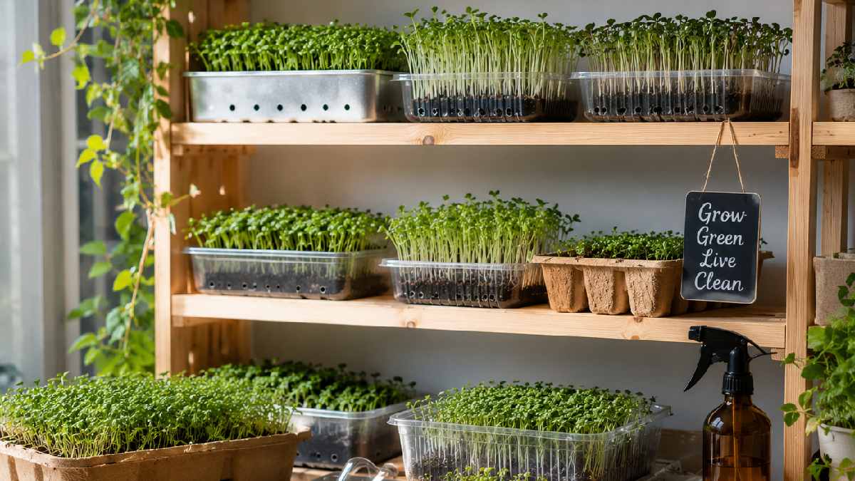Different microgreen containers made from plastic, fiber, paper, and metal materials arranged for healthy indoor microgreen growing systems setup