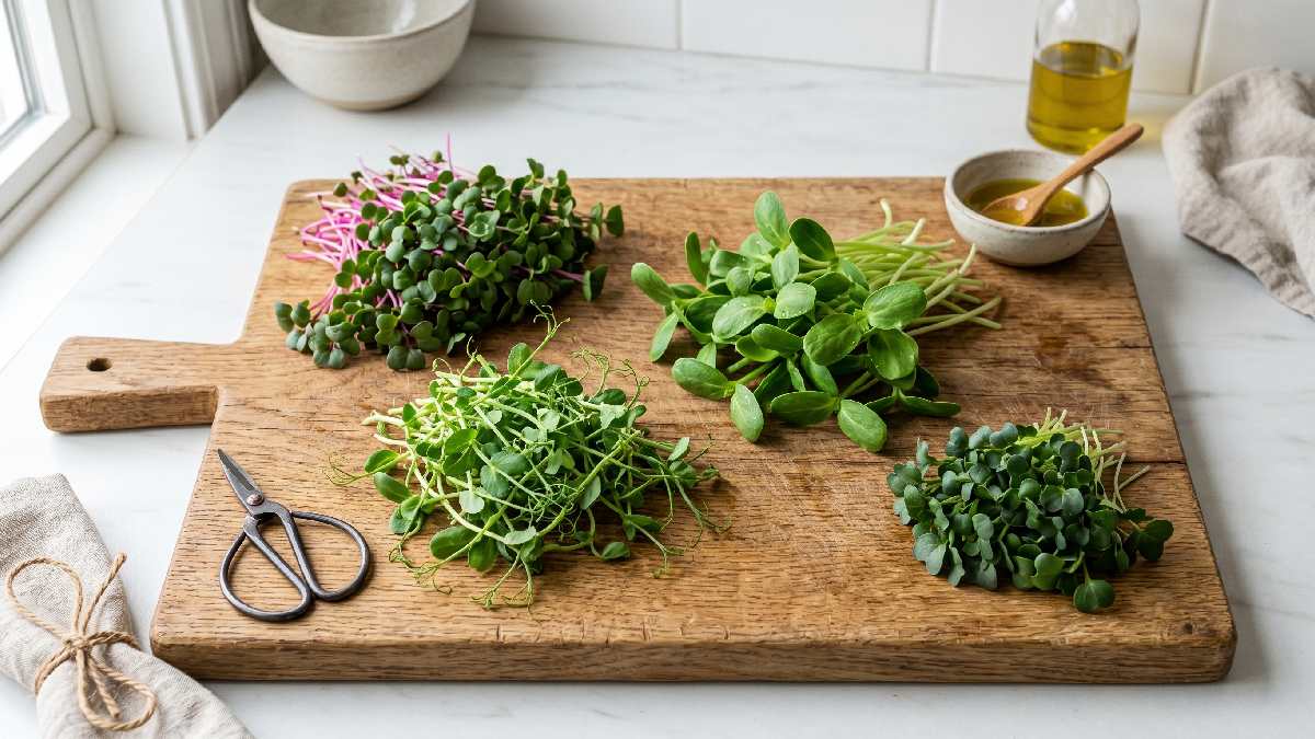 Different microgreen varieties including radish, pea shoots, and sunflower greens on a wooden surface showing best options for a fresh salad.