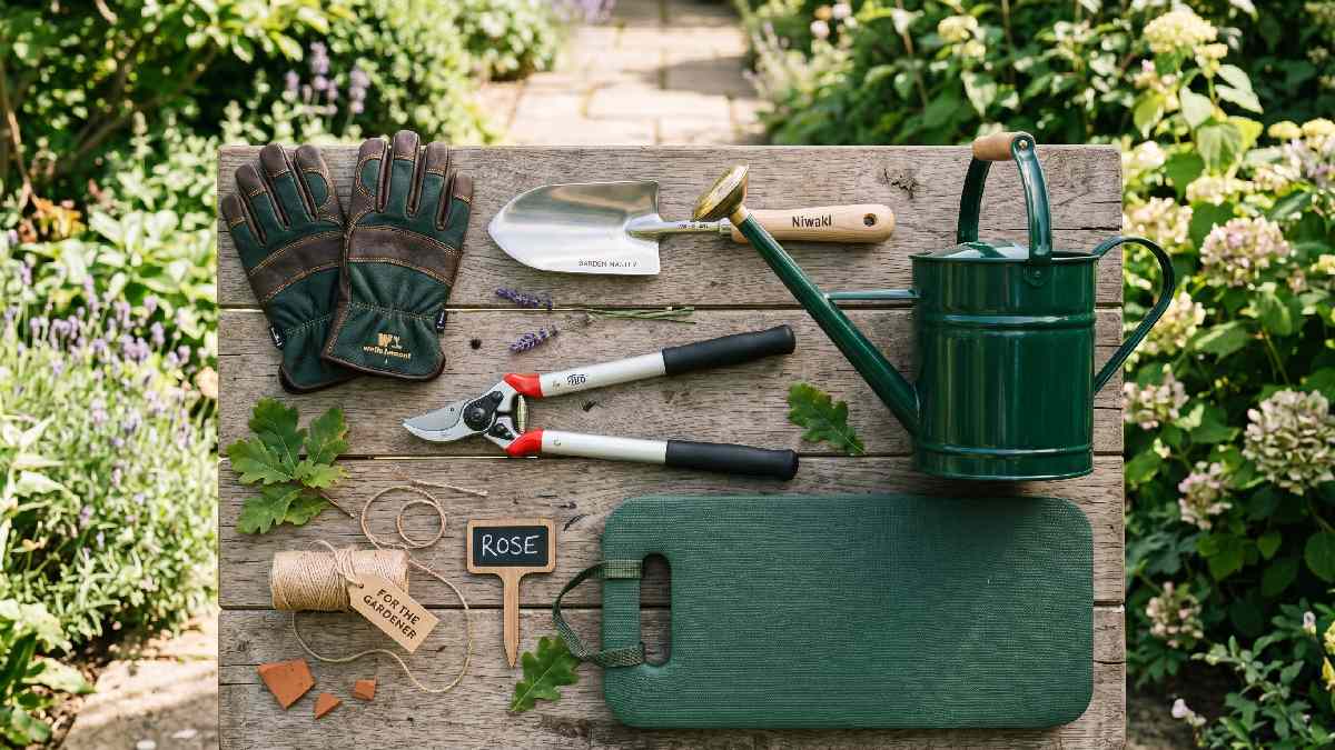 Outdoor gardening gifts for men including heavy duty gloves, steel spade, pruning shears, watering can, and kneeling pad showing durable practical presents for backyard gardening.
