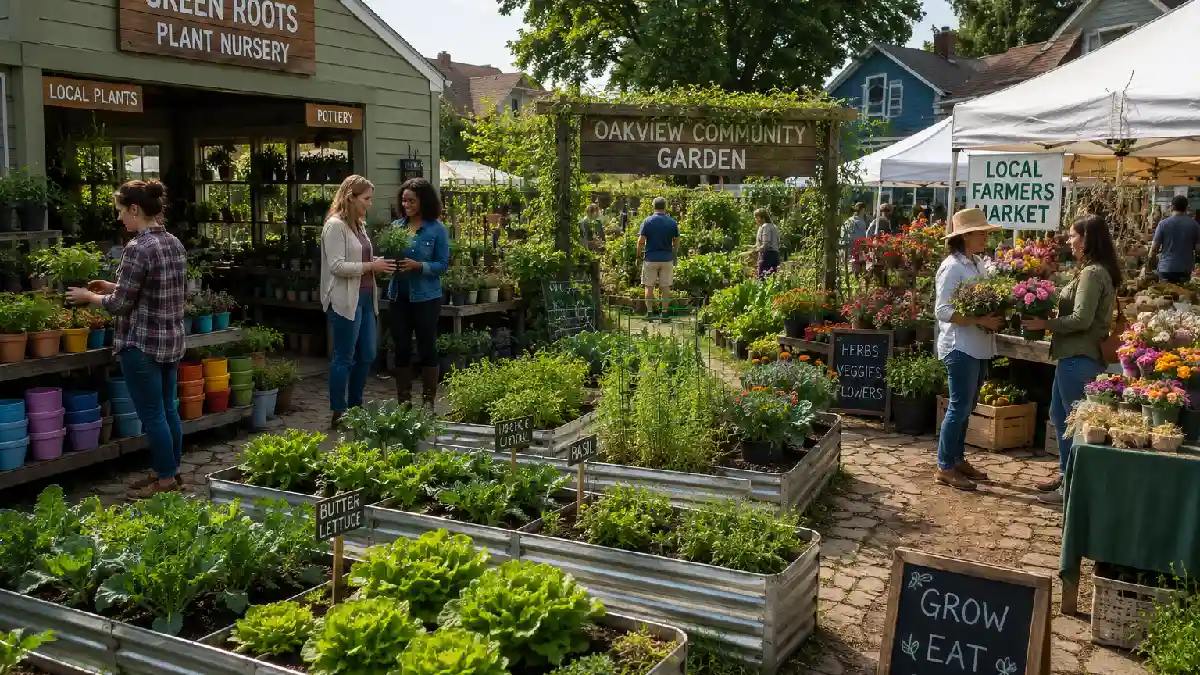 A local community garden, plant nursery, and farmers market showing the best nearby places to find gardening support and learning opportunities. 