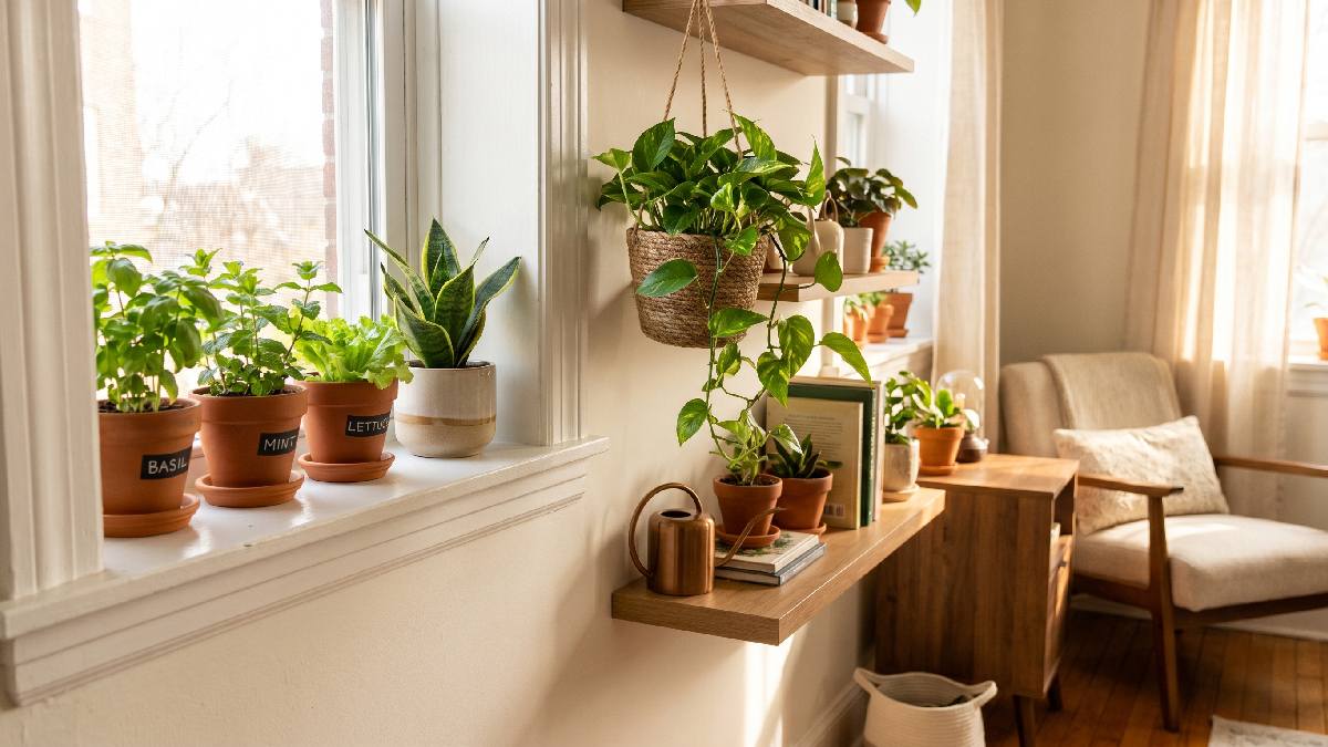 Various apartment gardening plants including basil, mint, lettuce, and pothos on a bright windowsill and indoor shelf showing best plant choices for small spaces. 