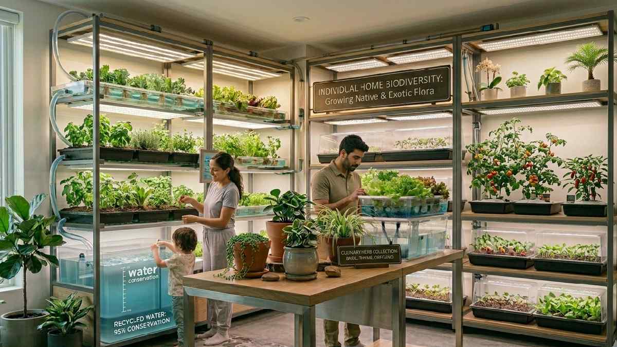 Fresh herbs, leafy greens, and small vegetables growing together under LED lights in an indoor gardening system showing best plant choices at home. 