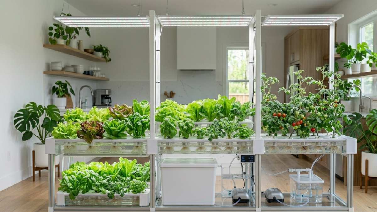 Lettuce, basil, mint, spinach, and cherry tomatoes growing together in an indoor hydroponic garden under bright LED grow lights at home. 