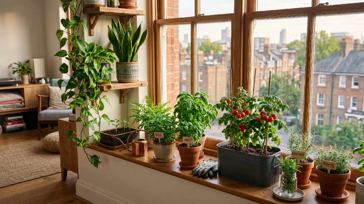 A well arranged urban garden with herbs, cherry tomatoes, and air purifying plants on shelves and windowsills showing best plant choices for city homes. 
