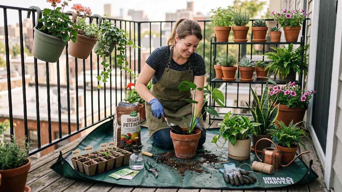 A gardener using a gardening mat for multiple tasks including repotting, seed starting, and indoor planting in a small balcony home garden setup. 