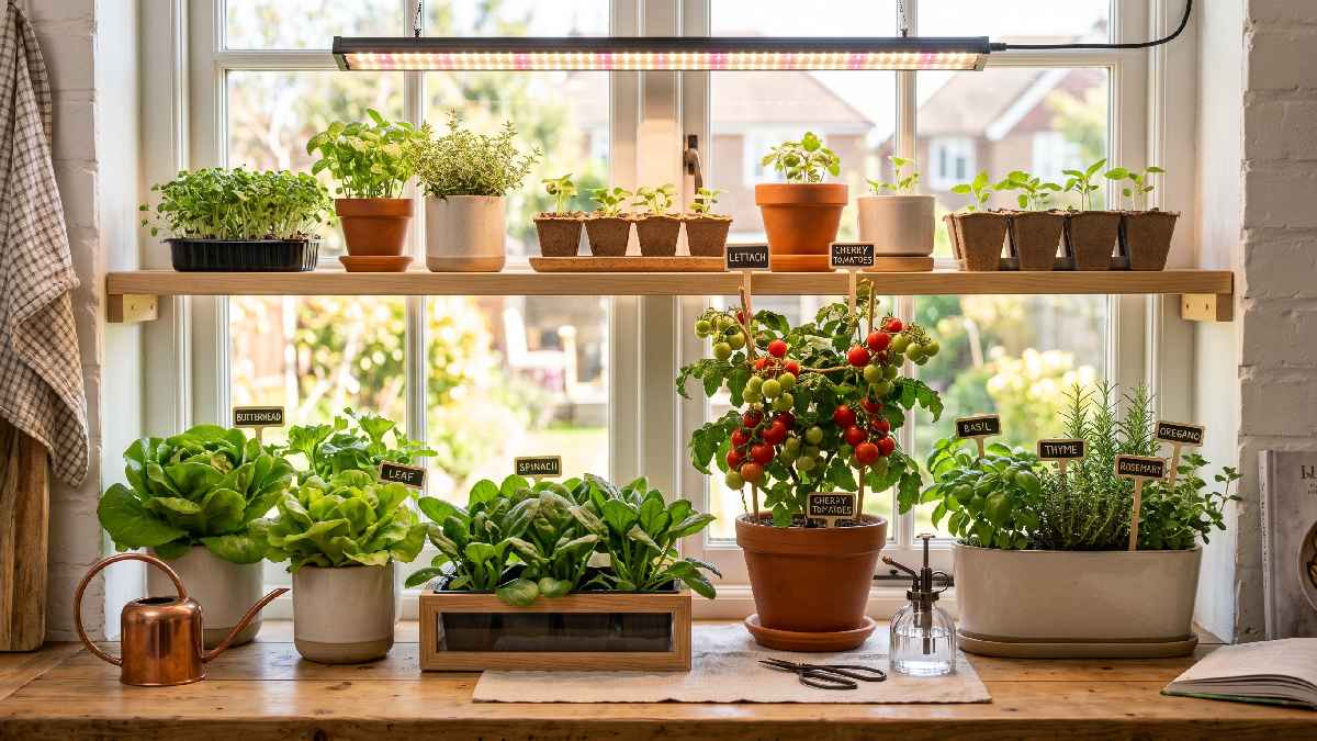 Fresh lettuce, spinach, cherry tomatoes, and herbs growing on a windowsill and shelf showing the best vegetables for indoor gardening at home. 