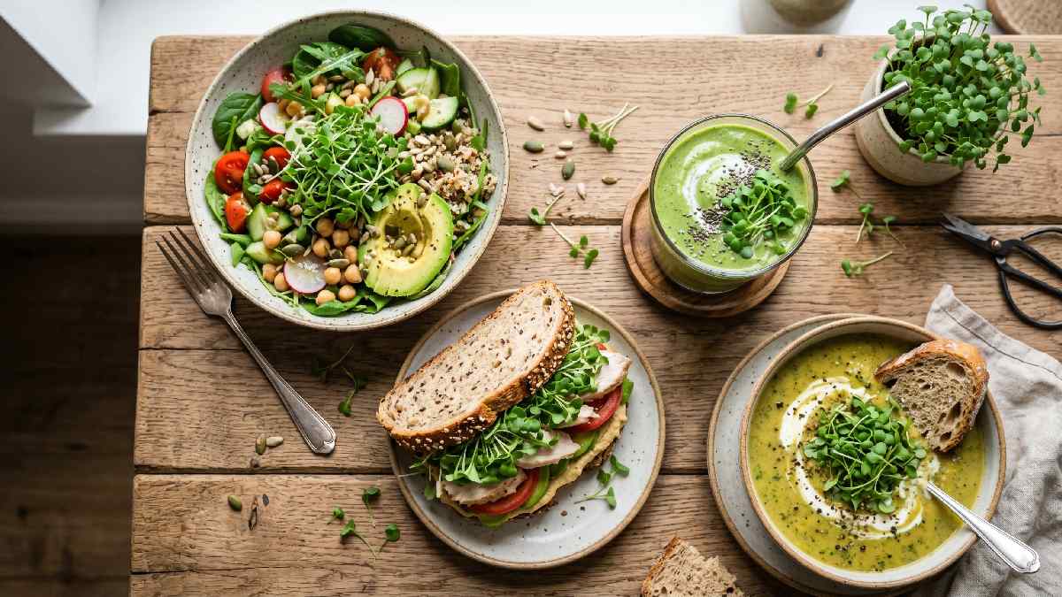 Fresh broccoli microgreens shown in a salad bowl, sandwich, smoothie, and soup displaying versatile healthy ways to eat them in daily meals.
