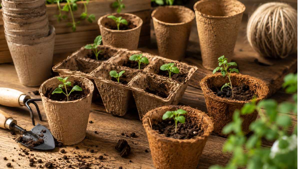 Biodegradable plant containers made from fiber, paper, and coconut materials used for eco friendly organic gardening seedling growth setup system