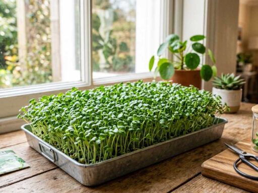 Fresh Broccoli Microgreens growing in a shallow tray near a bright window with scissors and storage container showing easy healthy Broccoli Microgreens home growing.