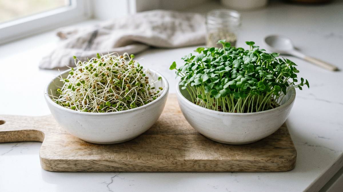 Two bowls side by side showing broccoli sprouts with white roots and broccoli microgreens with green leaves displaying clear growth stage differences.