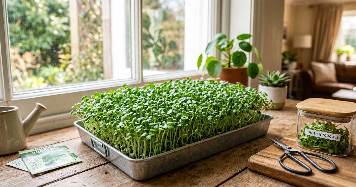 Fresh Broccoli Microgreens growing in a shallow tray near a bright window with scissors and storage container showing easy healthy Broccoli Microgreens home growing.