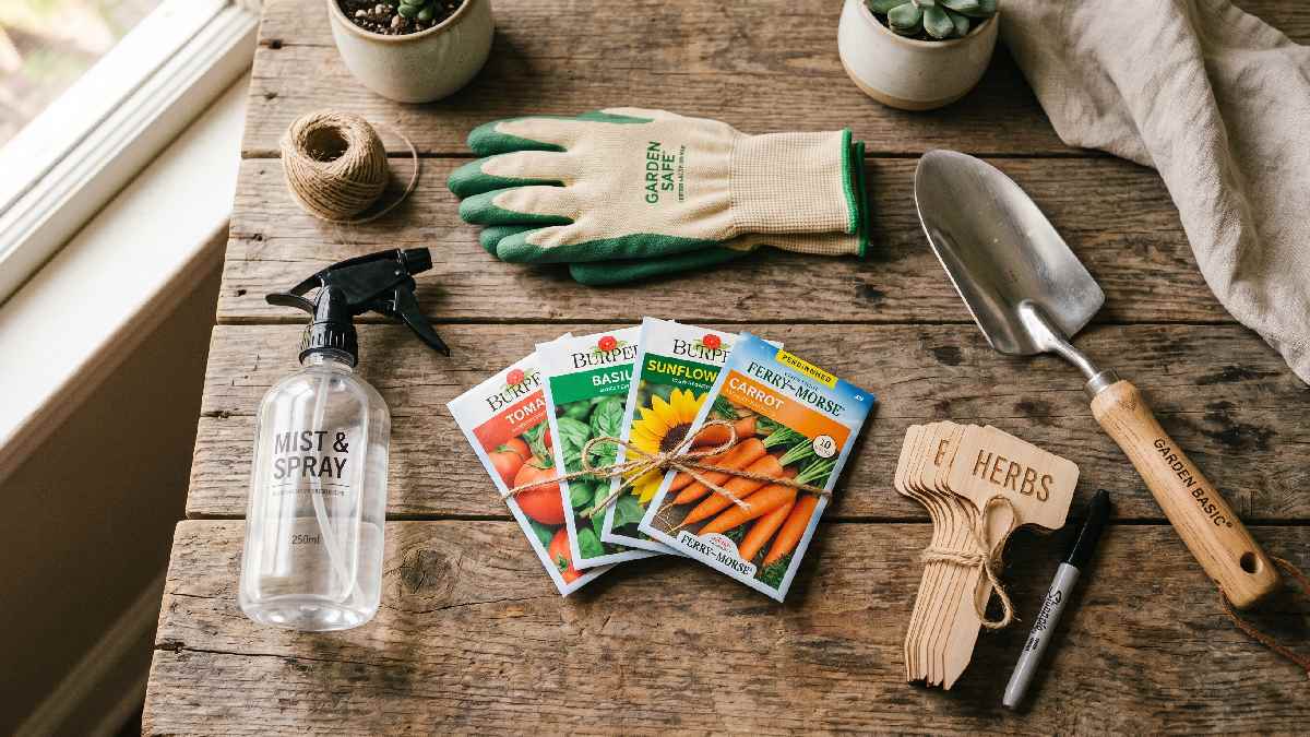 Affordable budget gardening gifts under 25 dollars including gloves, seed packets, hand trowel, and spray bottle on a wooden surface showing practical low cost presents.