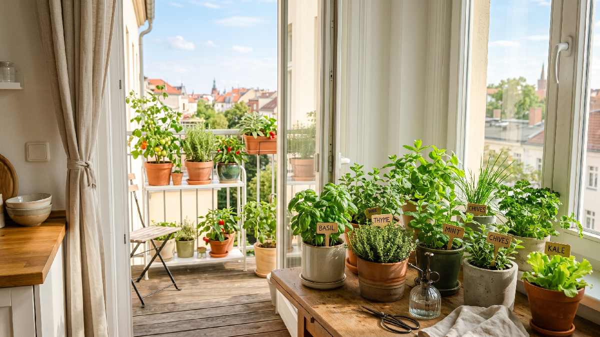 Small herb and vegetable pots on a bright sunny balcony and kitchen windowsill showing how choosing the right garden location improves plant growth. 