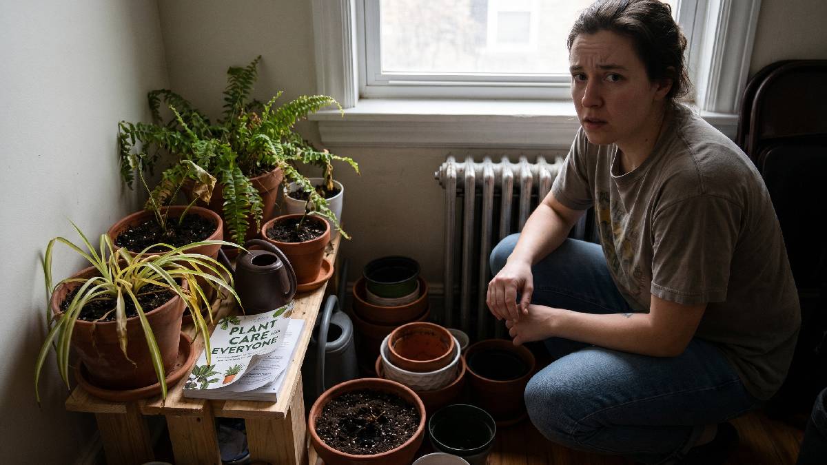 A beginner looking at unhealthy yellow leaved plants in a dark apartment corner with overwatered pots showing common rushed apartment gardening mistakes. 